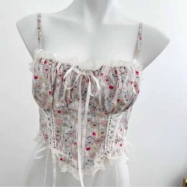 Vintage style Corset Floral Lace-Up Crop Top - Image 2
