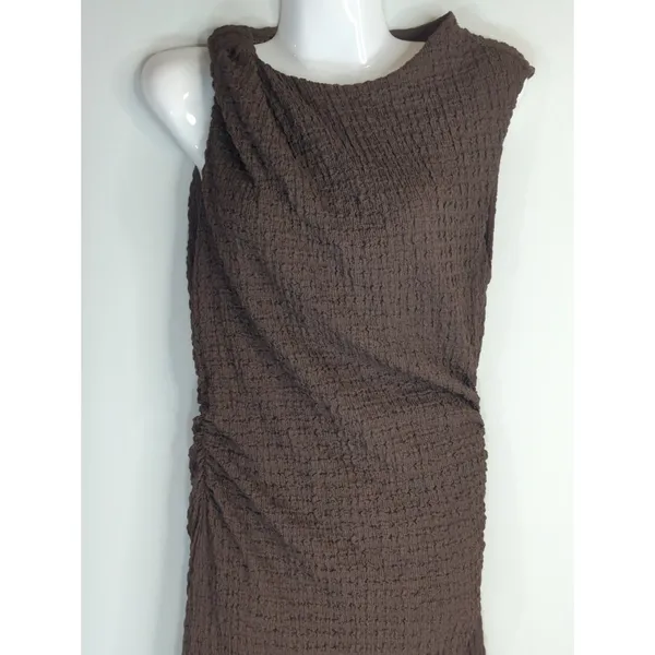 Zara Expresso Brown Textured Knot Ruched Side Maxi Dress LARGE Modest‎ Preppy - Image 3