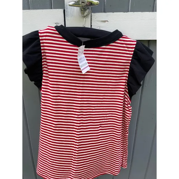 Ces Femme Red White Striped Ruffle Sleeve Top Black Trim Medium NWT - Image 4