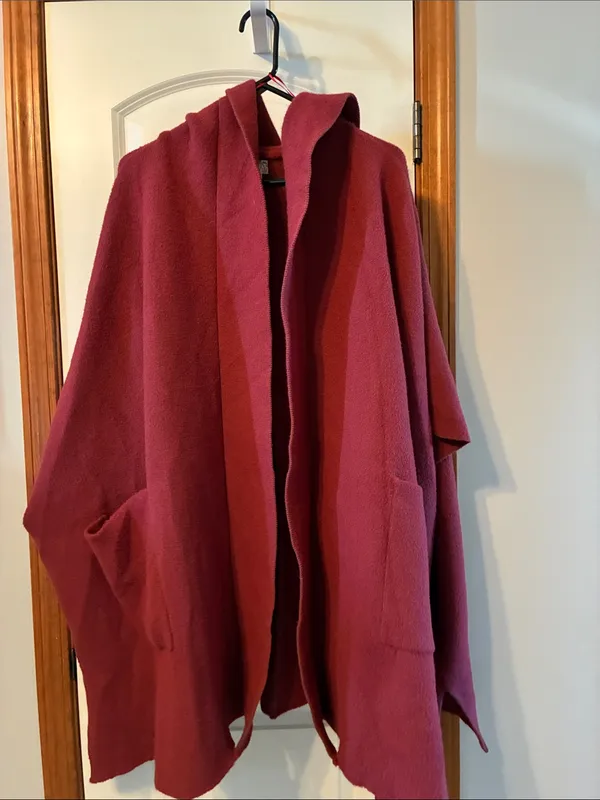 Free People Hooded Open-Front Cape Coat in Deep Berry - Image 7
