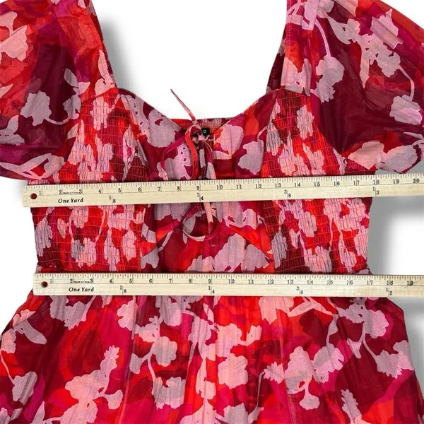 Torrid Floral Crinkle Fabric Tiered Puff Sleeve Smocked Midi Dress Red‎ Pink 12 - Image 14