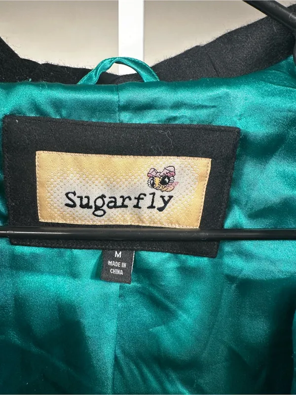 W6Sugarfly- Black Hooded Wool-Blend Pea Coat with Teal Lining - Image 3