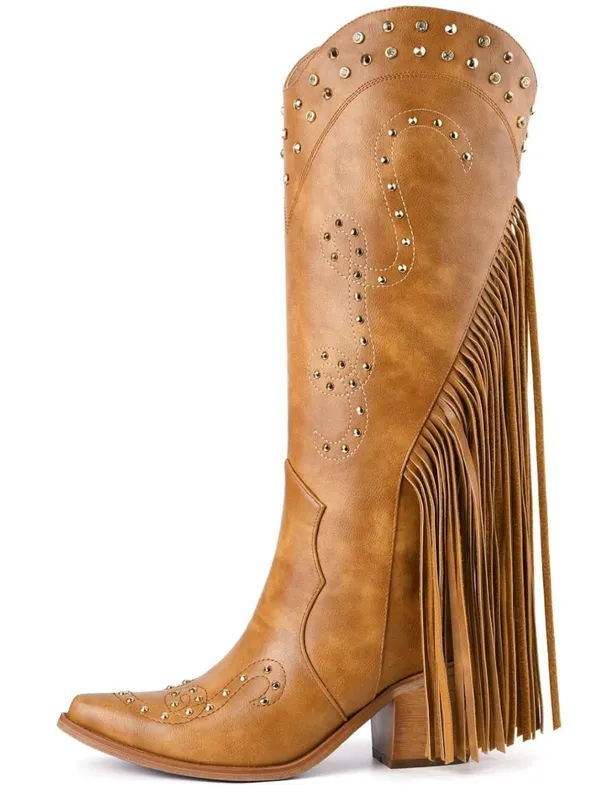 WRFCZGF Cowboy Boots for Women Fringe Knee High Cowgirl Boot Brown. Size 8 - Image 2