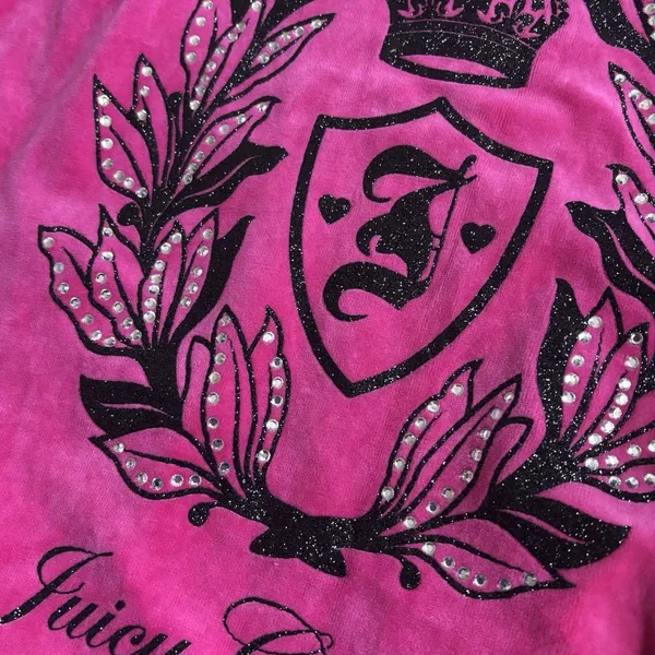 Juicy Couture Velour Vintage Y2K Pink Hoodie Jewel‎ Crest Emblem Dog Couturist M - Image 9