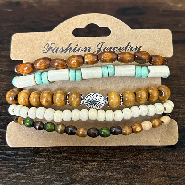 Boho Western Brown, Cream and Mint Layered Beaded Bracelet Set - Image 2