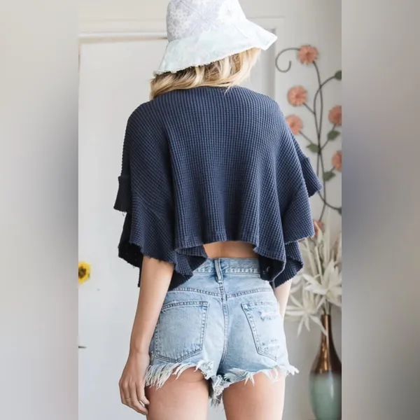 BUCKETLIST Navy Blue Waffle Knit Raw Edge Flutter Sleeve Slouchy Cropped Top NEW - Image 2