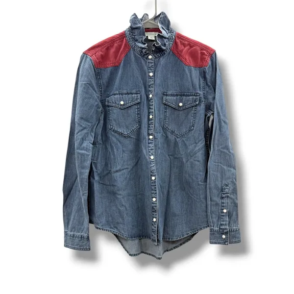 Sundance Denim Shirt Womens XS Blue Red Corduroy Yoke Ruffle Western Pearl Snap - Image 2