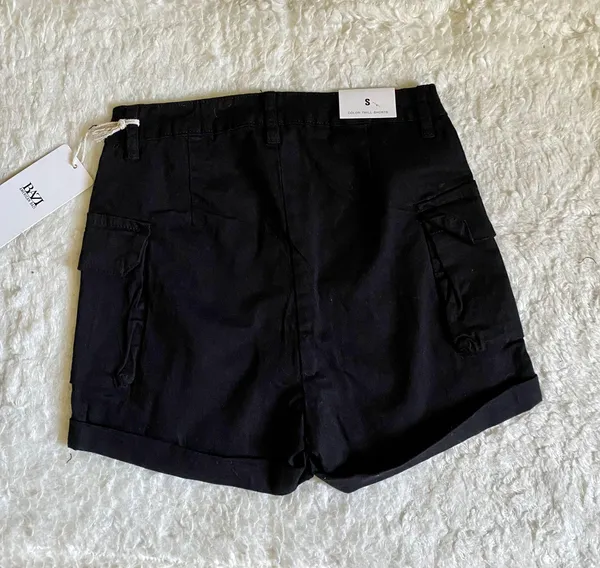 High Waist Zipper Side Pockets Cargo Shorts Black - Image 3