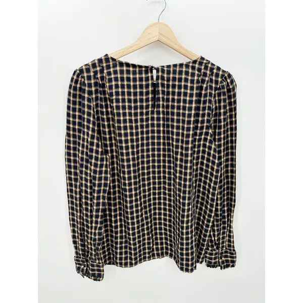 Loft Blue‎ Gold Shimmer Plaid Pleated Blouse Boho Peasant Rayon Women Large - Image 2