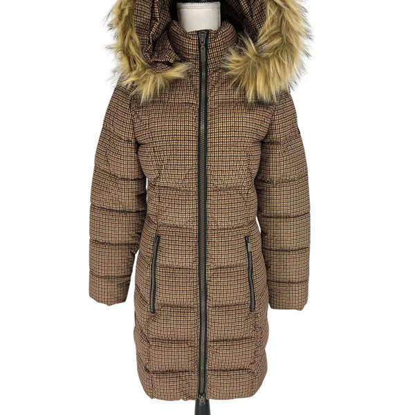 C-RO Denmark Houndstooth‎ 2-Way Stretch Puffer Coat with Faux Fur Hood Size 4 - Image 4