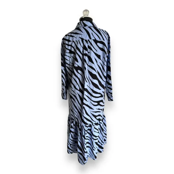 Zara Womens Dress Sz M‎ Powder Blue Black Zebra Animal Print Shirt Long - Image 9