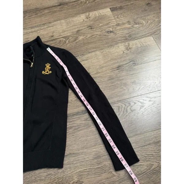 EUC Womens VINTAGE Lauren Ralph Lauren sweater zip black emblem gold detail SZ M - Image 6