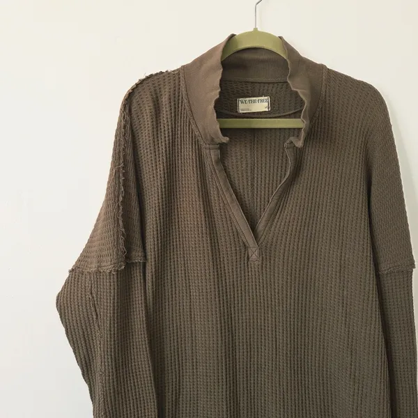We The Free Free People Travis Tunic Polo Top Waffle Knit Thermal Green Oversized Lounge M - Image 5