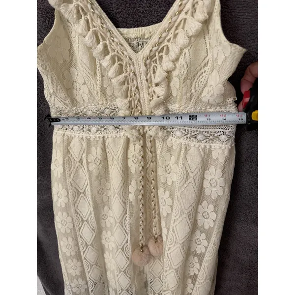 Cream Bohemian Dress Boho Floral Lace Crochet Pom Pom High Low Neutral Resort - Image 5