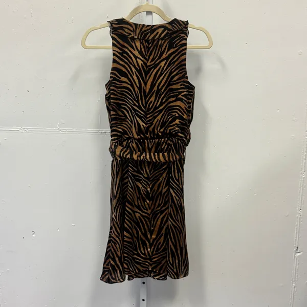White House Black Market Silk Tiger Print Ruffle Knee Length Dress Brown Blk 00 - Image 2