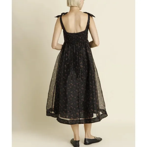 NWT Whimsigoth Floral Organza Midi Dress Black Rose Tie Shoulder‎ Smocked XS - Image 3