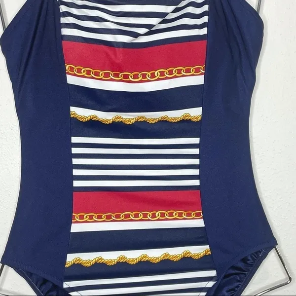 Vintage Jantzen 90's Blue Red Striped Gold Chain Swimsuit - Image 4