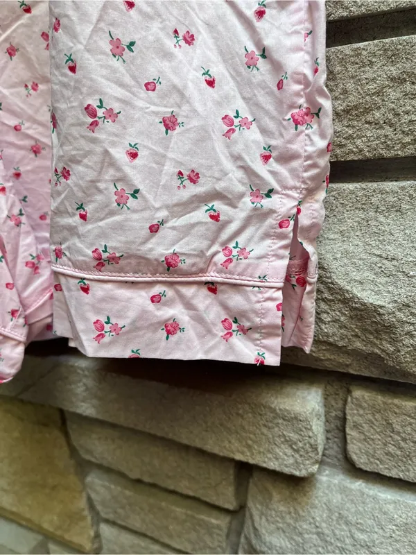 LOUNGE Pajama Set Cropped Button Up Shorts Pink Ditsy Floral Cotton XL - Image 9