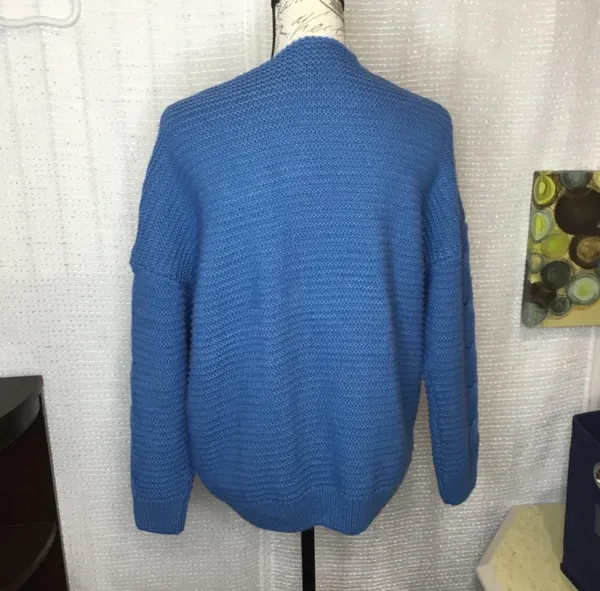 Blue Cable Knit Open Front Cardigan Sweater by PrinStory - Image 4
