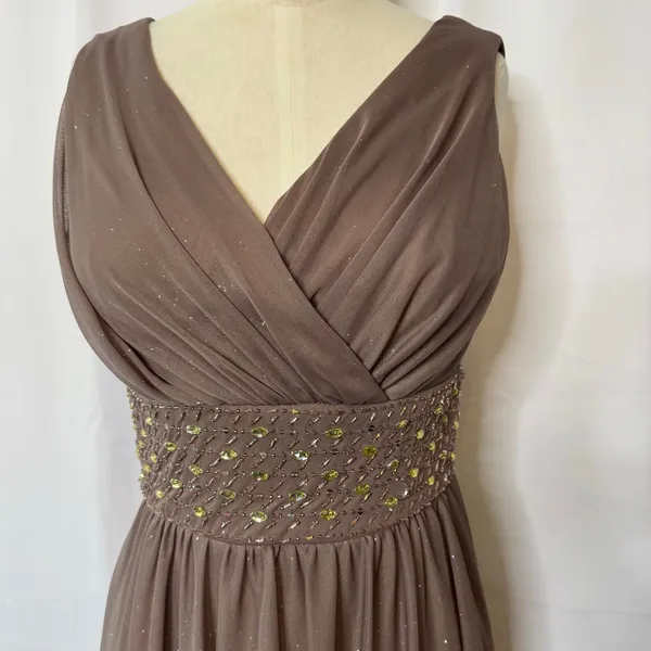 Jessica Howard Glitter Mesh Beaded Waist Midi Cocktail Dress Taupe Size 6 - Image 3