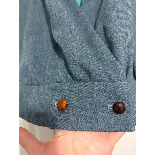 Vintage Wrap Front Cropped Vest Slate Blue Teal Pinstripe Lining Woven Buttons - Image 5