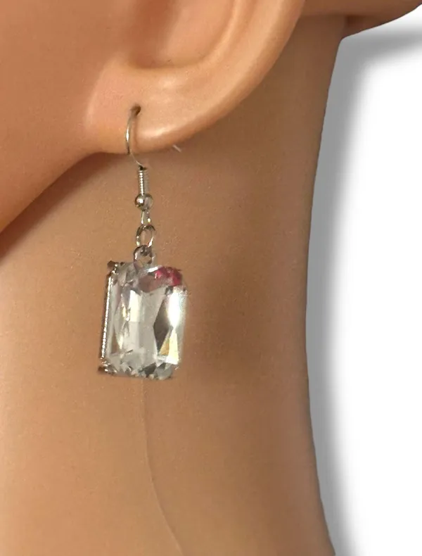 Silver tone rectangular clear faceted stone dangle earrings - Image 2