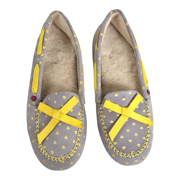 EUC UGG Leather Belle Heart Slippers Grey Yellow Hearts Size 7 - Image 2