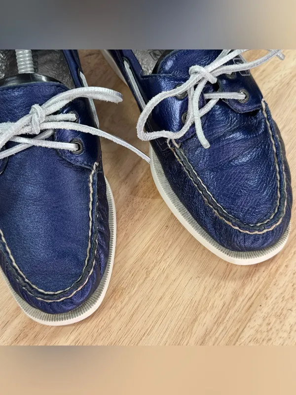 Sperry Top Sider Leather Boat Shoe Metallic Navy Blue Women Size 8 Slip On - Image 7