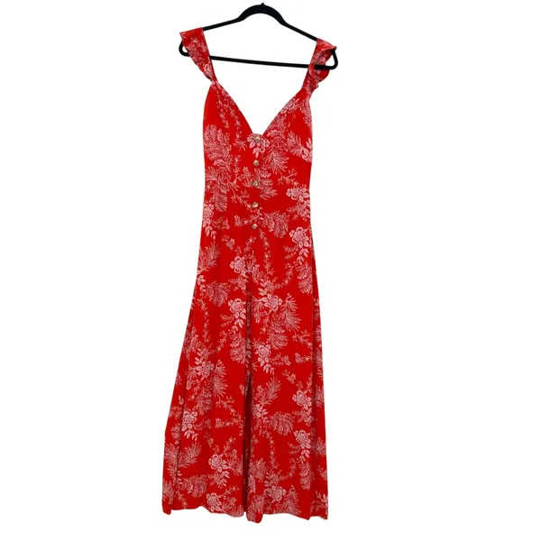 Free People Be The One Jumpsuit Floral‎ Print Button Wide Leg Red Size 4 - Image 3