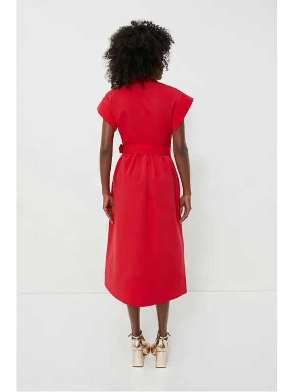 New Tuckernuck Red Chloe Midi Dress XS Belted Collared Moir Classic Elegant - Image 3