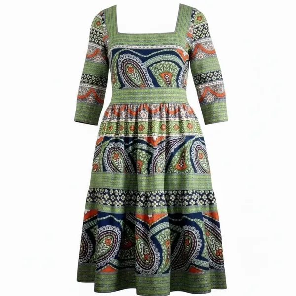 Gretchen Scott Paisley Park Dress XS‎ Square Neck Boho Midi Resort Preppy Artsy - Image 2