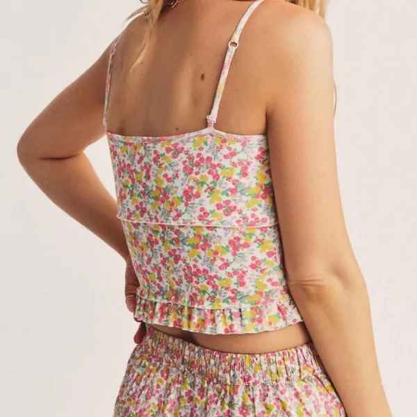 LoveShackFancy Sarai Cropped Ruffle Cami In Floral Fruity Punch New Small - Image 3