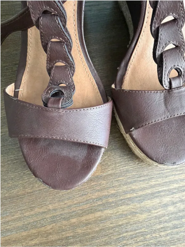 Brown Wedge Sandals with Gold Buckles Size 10 - Image 9