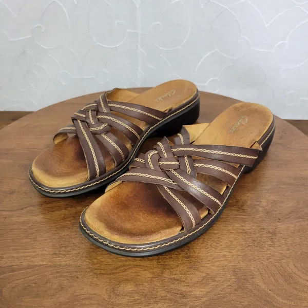 Clarks Womens Sandals Size 8M Brown Leather Open Toe Strappy Slip Ons 72678 - Image 3
