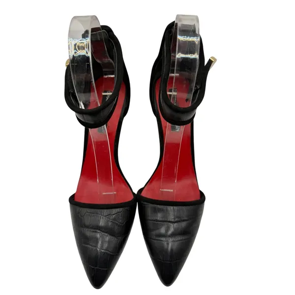 Charles Jourdan Shoes Women‎ 7.5 Black Croc Emboss Pointed Toe Ankle Strap Heel - Image 3