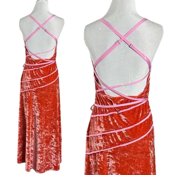 Free People Deia Velvet Midi Dress Pink Rose Strappy Dainty Romantic Small - Image 10
