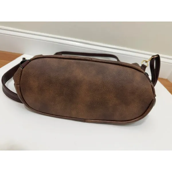 Vegan Leather Bucket Tote Crossbody Bag Brown Gold Hardware - Image 6