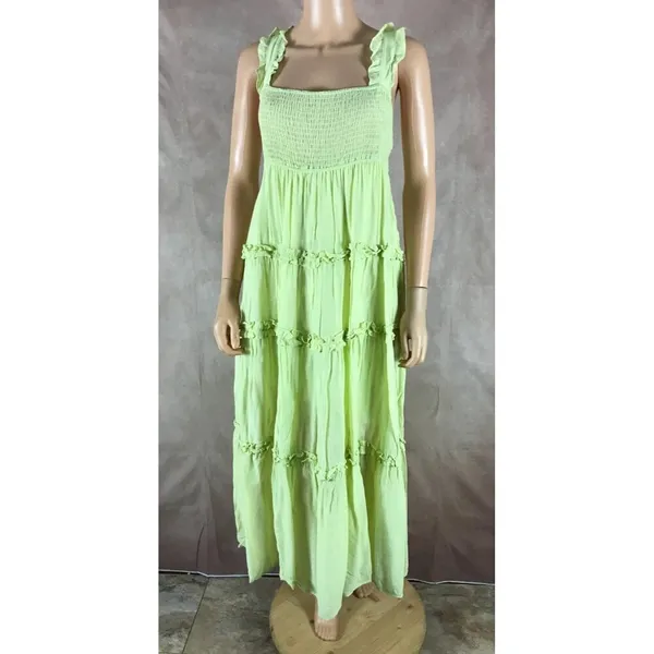 LUSH Lime Green Smocked Tiered Ruffled Maxi Dress SMALL - Image 3