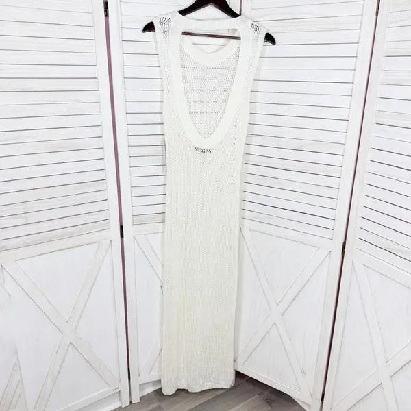 Almost Famous Sheer Crochet Open Back Beach Swim Cover‎ Maxi Dress Cream Medium - Image 10