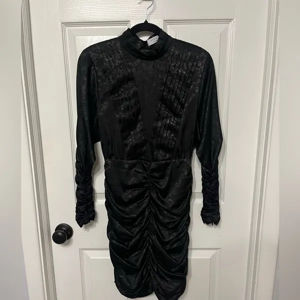 Hunter Bell New York Black Floral Jacquard Ruched Mini Dress Mock Neck‎ - Image 2