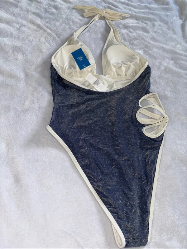 Cupshe Metallic Blue Plunge Halter One Piece Swimsuit with Cutouts size M - Image 6
