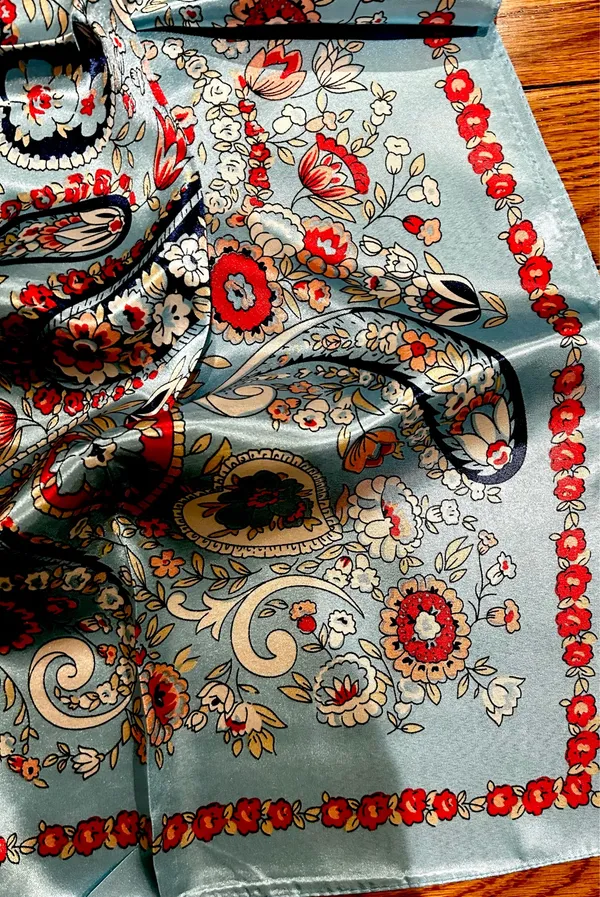VINTAGE aqua blue paisley super boho print oversized silky scarf 35/35 - Image 15