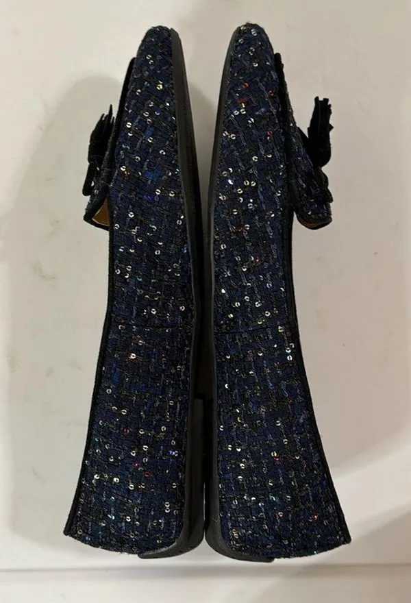 Talbots Francesca Tie Tassel Driving Moccasins in navy sequin tweed size 5.5 - Image 4