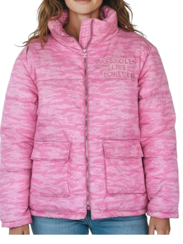 ASSHOLES LIVE FOREVER Tiger Camo Embroidery Puffer Jacket Sz M Pink Rare City - Image 3
