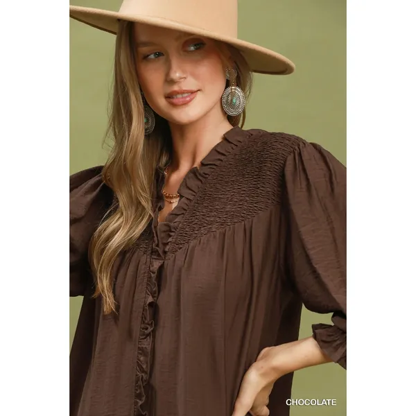 Umgee Smocked Ruffle Detail Tiered Mini Dress - Chocolate - Small - Image 5