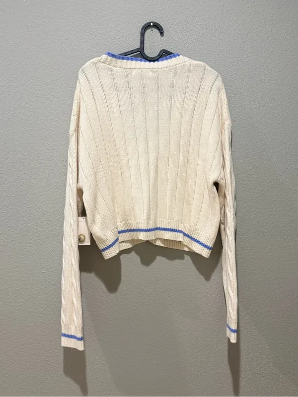 Major Cream Cable Knit Blue Trim Crop Button Down Cardigan Size M - Image 2