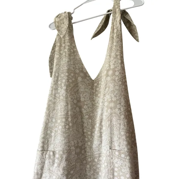 Easel Los Angeles Tan Paisley‎ Linen Blend Tie Shoulder Jumpsuit L EB41030 - Image 4