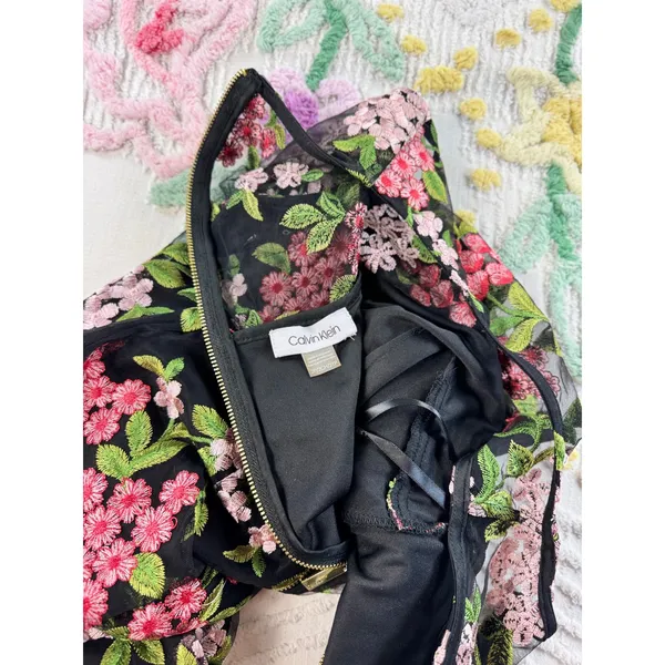 Calvin Klein Floral Embroidered Mesh Mermaid Midi Dress Black Pink 2P CD8L15EZ‎ - Image 7