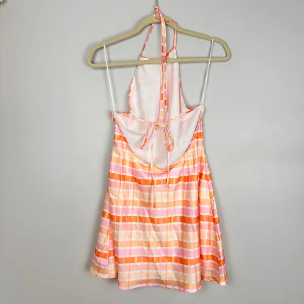Nia Pink Multi Plaid Satin Mini Backless Slip Dress Large NWT Spring Coquette - Image 3
