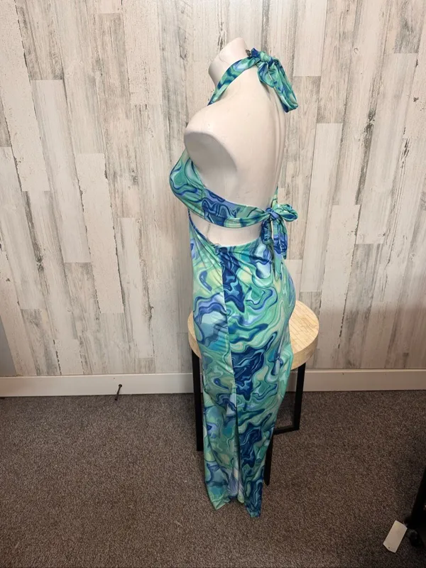 Haute Monde Cutout Maxi Dress Womens Small Blue Green Swirl O-Ring Halter Neck - Image 4